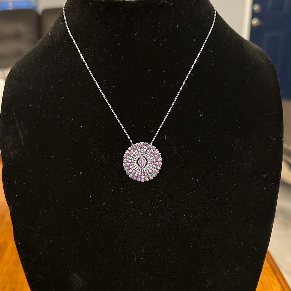 Purple and Blue Crystal Pendant Necklace with Silver hardware